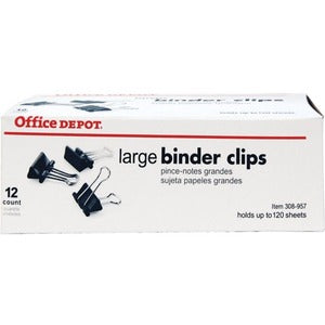 Office Depot Brand Binder Clips, Large, 2" Wide, 1" Capacity, Black, Box Of 12