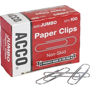 ACCO Economy Jumbo Paper Clips, Non-skid Finish, Jumbo Size 1-7/8", 100 Clips Per Box, Pack of 10 Boxes (1,000 Clips total)